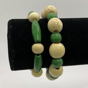 Green/Blonde Wooden Bead Stretch Bracelets x2